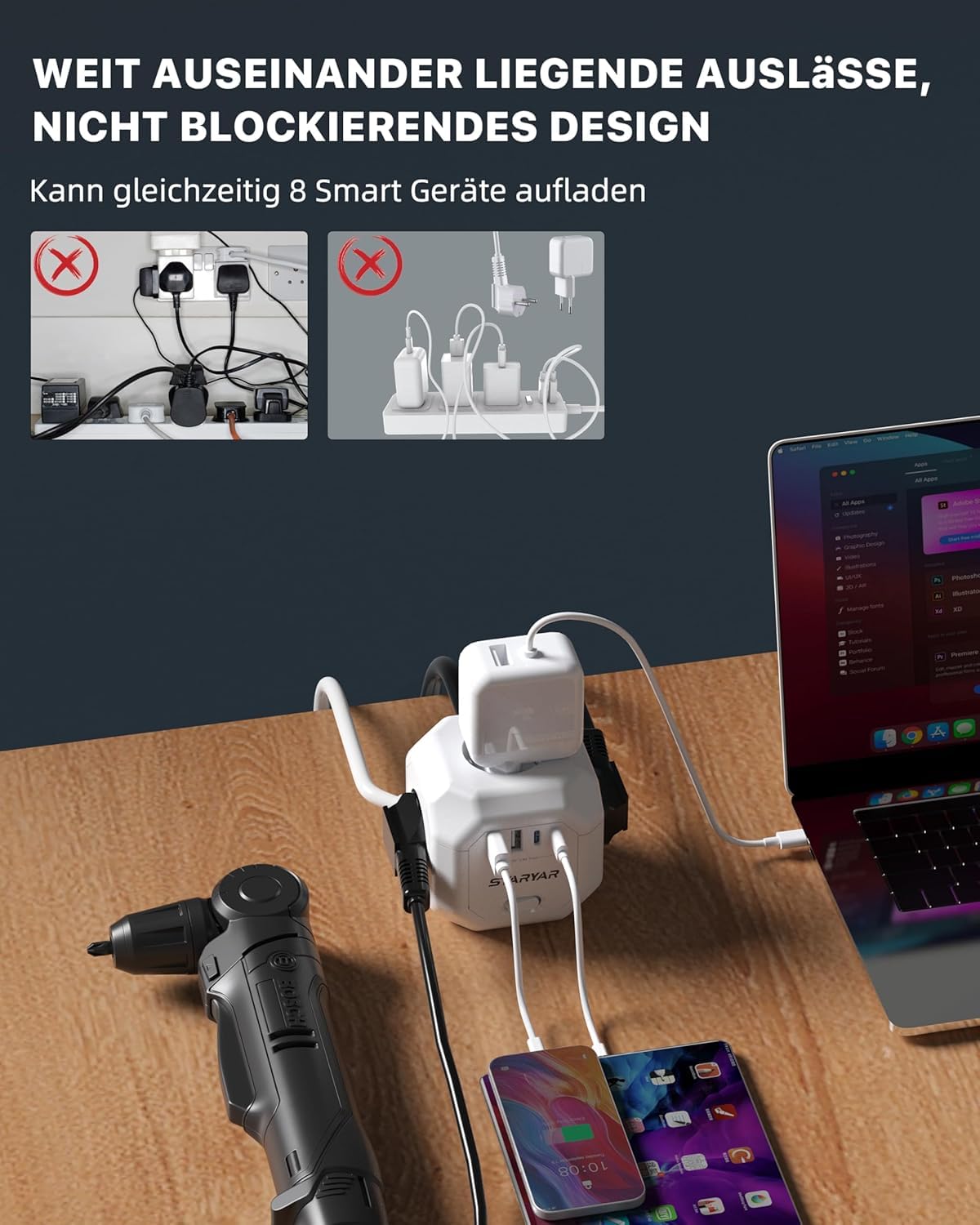 Listwa zasilająca Cube z 4 gniazdami wtykowymi, z gniazdem USB, 4000 W, adapter do gniazd, 2 m, przedłużacz, listwa zasilająca, ochrona przed przepięciem, do biura