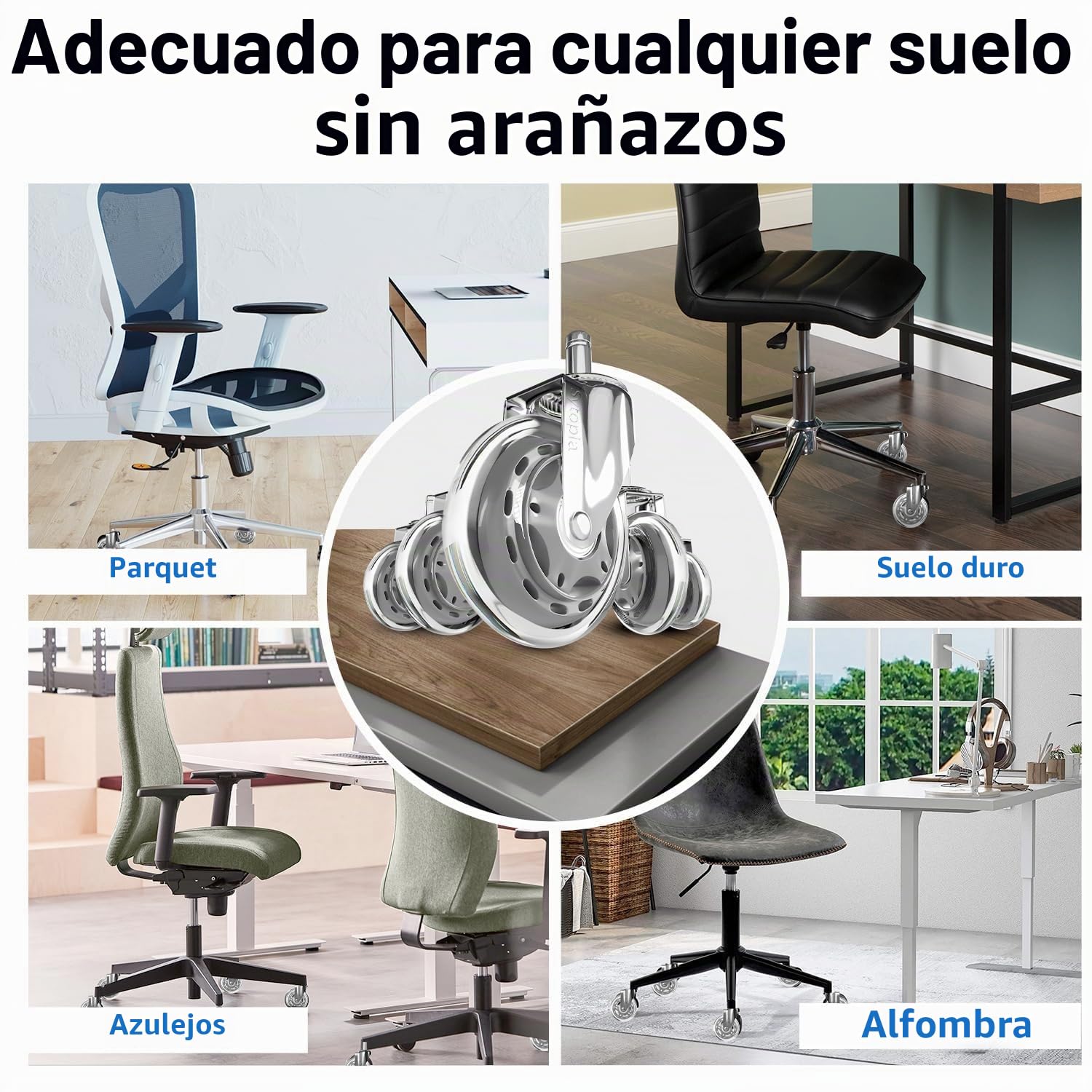 Sytopia Ruedas para silla de oficina con pasador de 10 mm x 22 mm, juego de 5 ruedas grandes para suelos de parqué y alfombras, ruedas supersilenciosas y suaves para suelos duros, solo compatibles con
