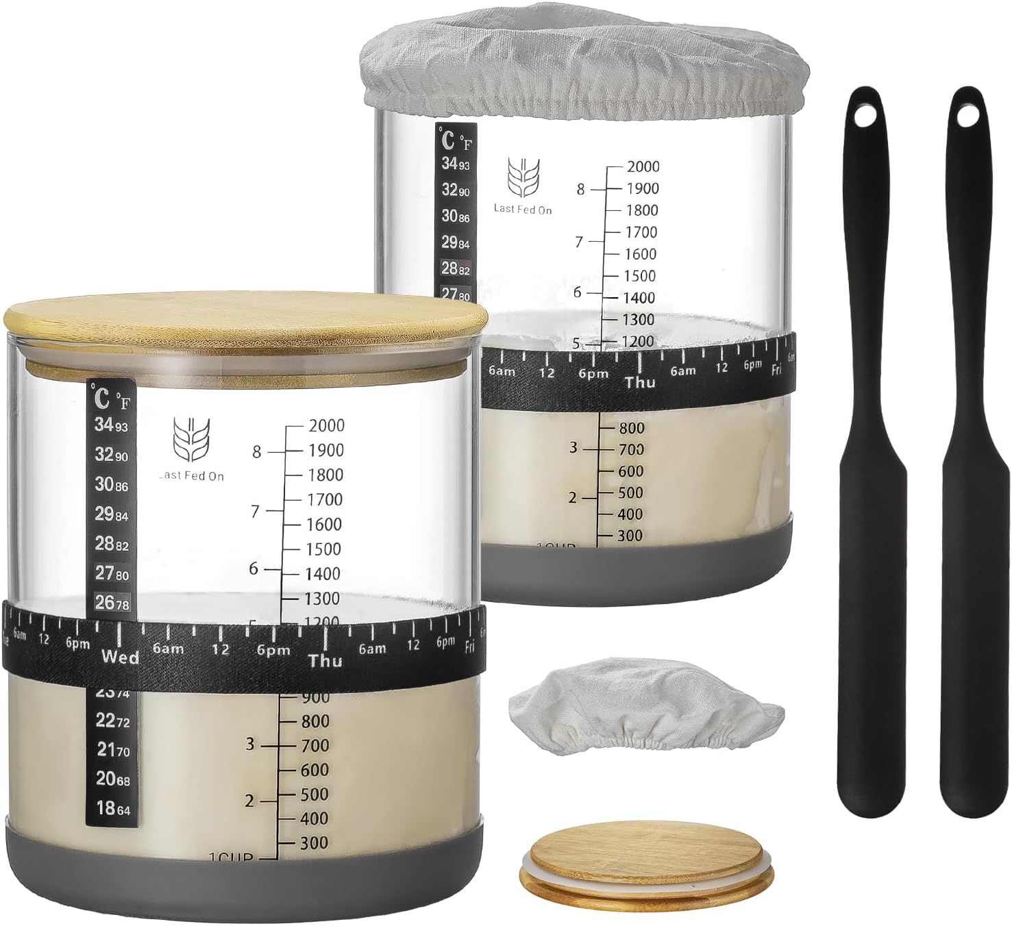 Sourdough Starter Jar 2Pack ,68oz Wide-Mouth with Non-slip silicone rubber Bottom Sourdough Starter Kit,Date Marked Feeding Band, Thermometer, Cloth Cover & Bamboo Lid, Reusable Sourdough Bread Baking