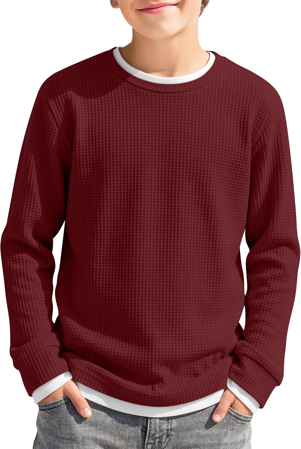 Boys Waffle Long Sleeve Shirts Crew Neck Tops