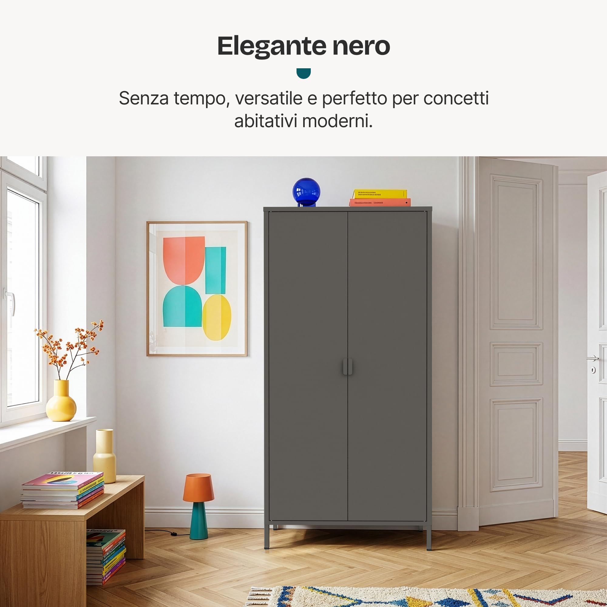 [en.casa] Armadio Guardaroba a 2 Ante e 2 Barre Aste Appendiabiti Armadio in Acciaio con Vano Portabiti e 4 Ripiani Regolabili per Camera da Letto Ingresso 170 x 80 x 45 cm - Nero