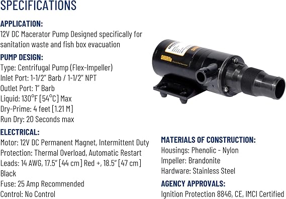 PENTAIR SHURFLO 3200-001 Macerator Pump, 12V RV Marine Waste Pump, 13 GPM High Flow, Dual Blade Grinder, Self Priming Black Water Tank Pump, Run Dry Capability, Ignition & Thermal Protected
