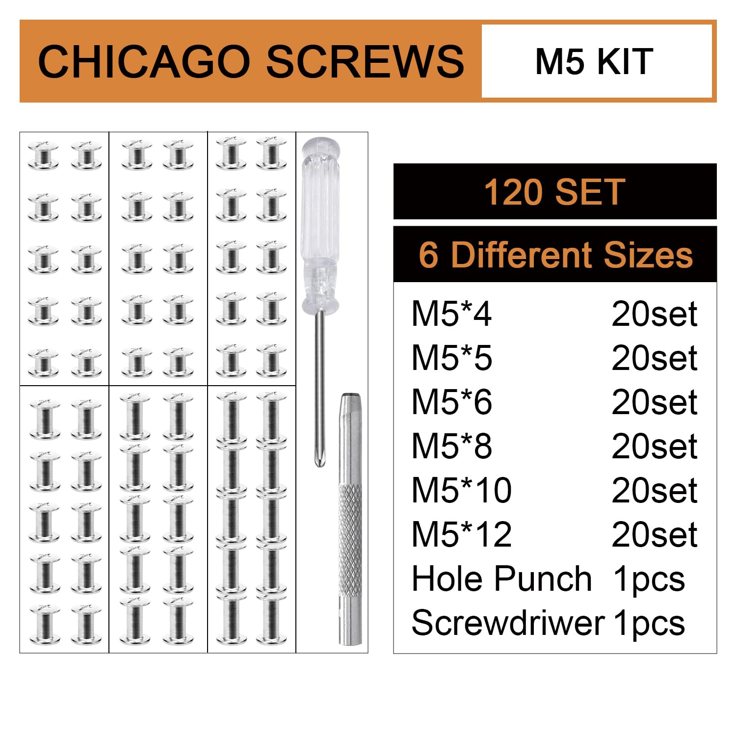 120Sets Chicago Screws, 6 Sizes Leather Rivets Assorted Kit, Chicago Screws Rivets for Leather Belts Purses Bag Shoes Bookbinding (Silver, M5 X 4,5,6,8,10,12mm)