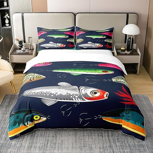 Miniatura 3 de Juego de funda de edredón de algodón con patrón de pez, tamaño matrimonial, juego de ropa de cama de pesca con anzuelo de peces para niños, niñas,