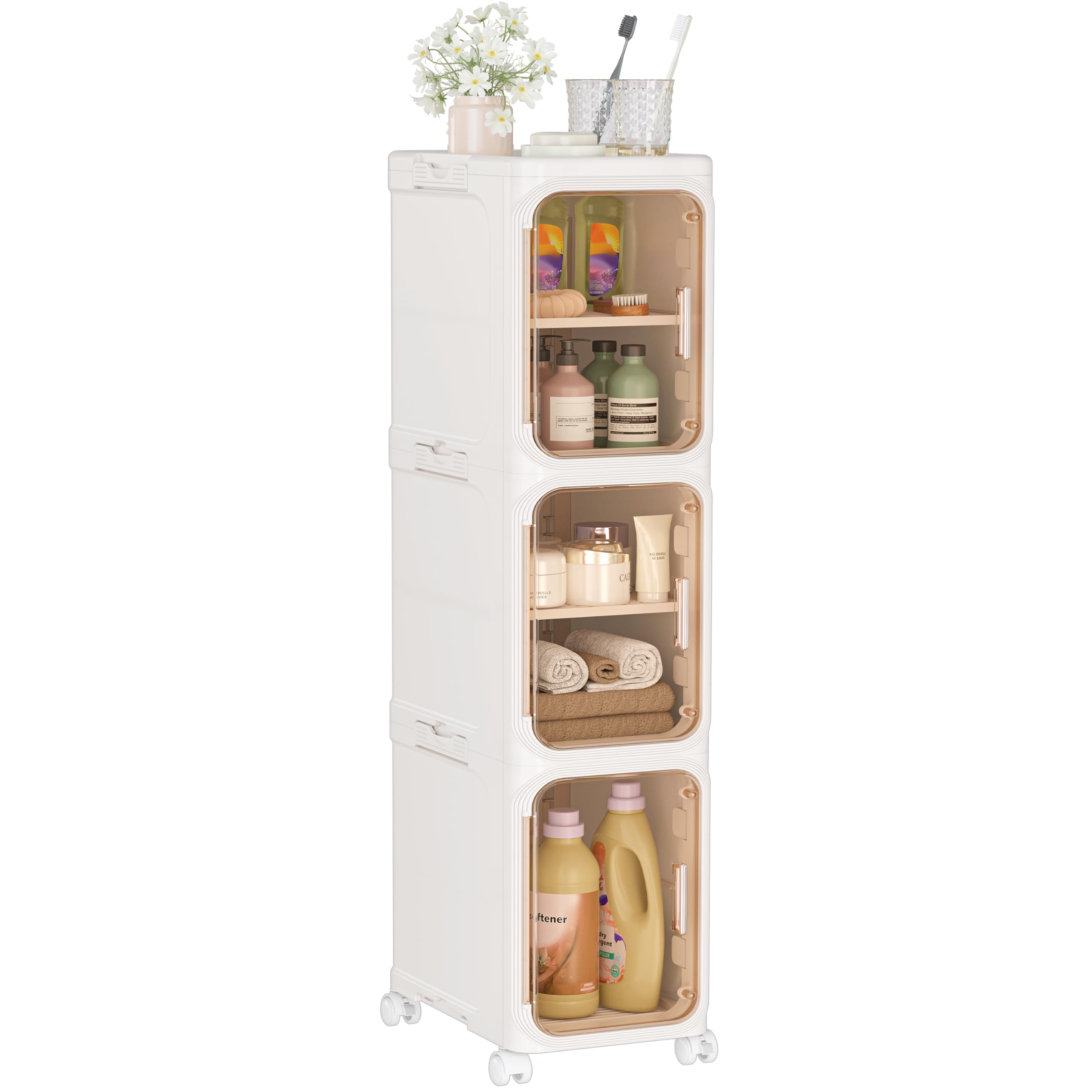HOMIDEC Bathroom Storage, 3 Tier Narrow Bathroom Cabinet with Wheels and Removable Shelf, Slim Bathroom Storage Unit Free Standing for Toilet Roll, Towel, Shower, Light Brown