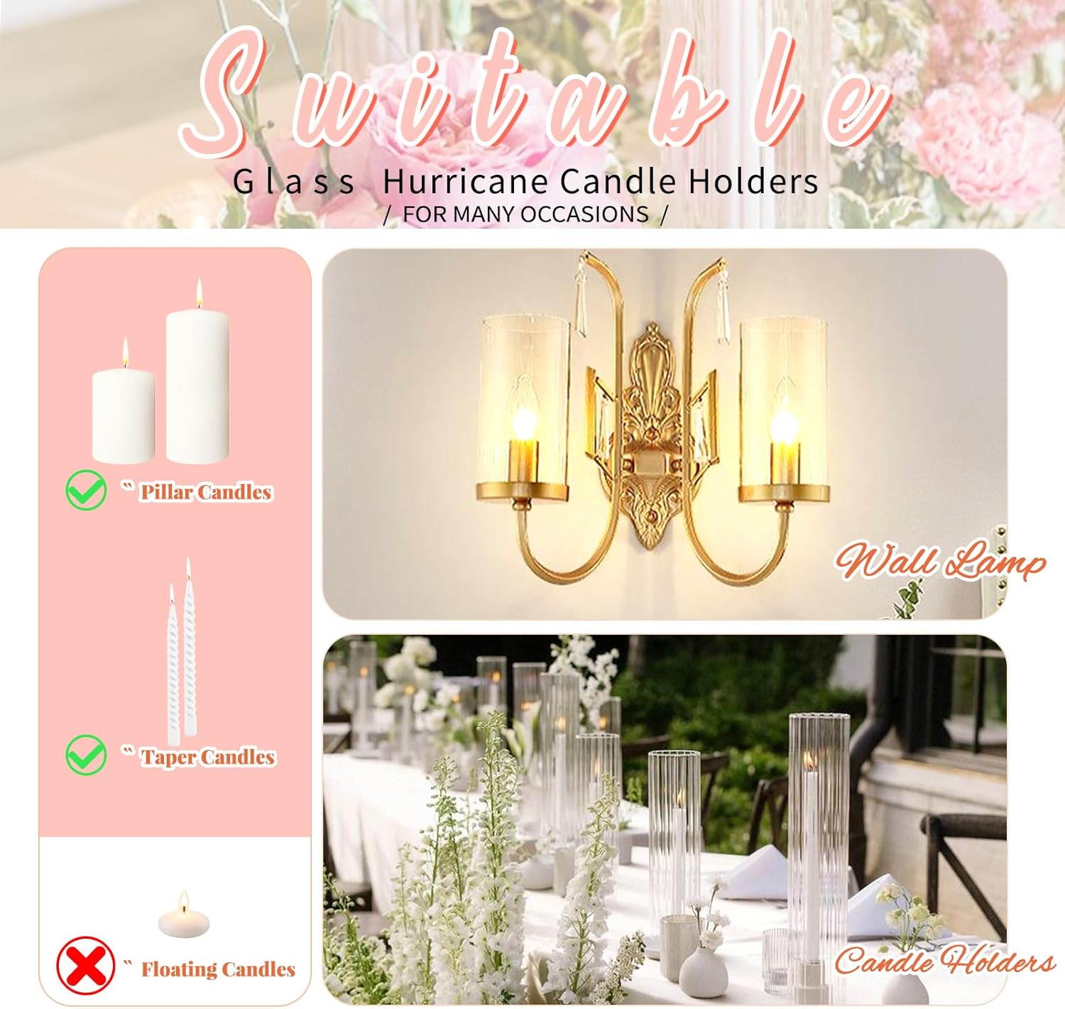 Showgeous 24PCS Hurricane Candle Holder Sleeve,D:2.5"H:14" Open Ended Hurricane Glass Cylinder,Ribbed Clear Glass Cylinder Candle Holder, Hurricane Covers for Centerpieces Wedding Christmas Home Decor