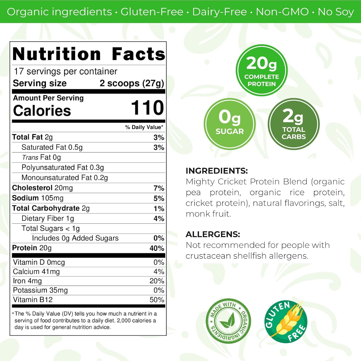 Mighty Cricket Protein Powder. 20g Clean Prebiotic Cricket Protein. No Sugar, Low Carbs, Gluten & Dairy Free. Keto & Paleo, 100% Natural Ingredients. Vanilla, 1 lb (Pack of 1)