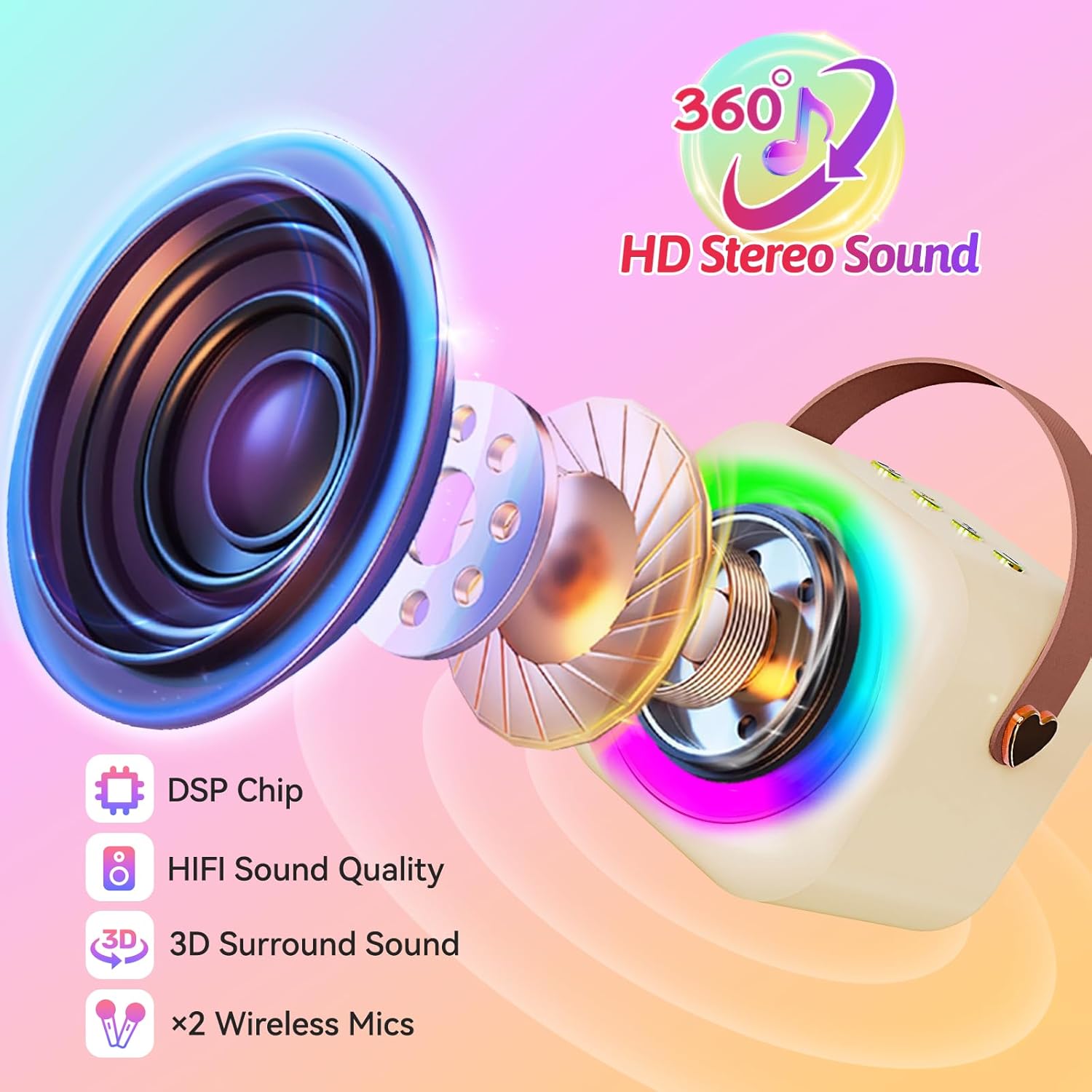 Mini Karaoke Machine with 2 Wireless Microphones,Gift for 3-12 Years Old, 2026 Best Christmas Birthday Toy for Girls Boys Party (Beige) - Image 4