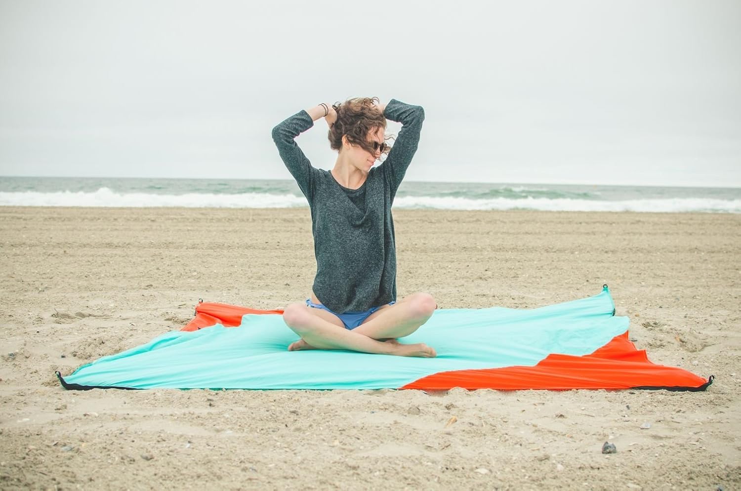 Grand Trunk Parasheet Beach Blanket or Picnic Blanket with Patented Sand Anchor Pockets, Stake Loops, and Attached Stuff Sack - Best Beach Blanket for Outdoors- Light Blue/Blue