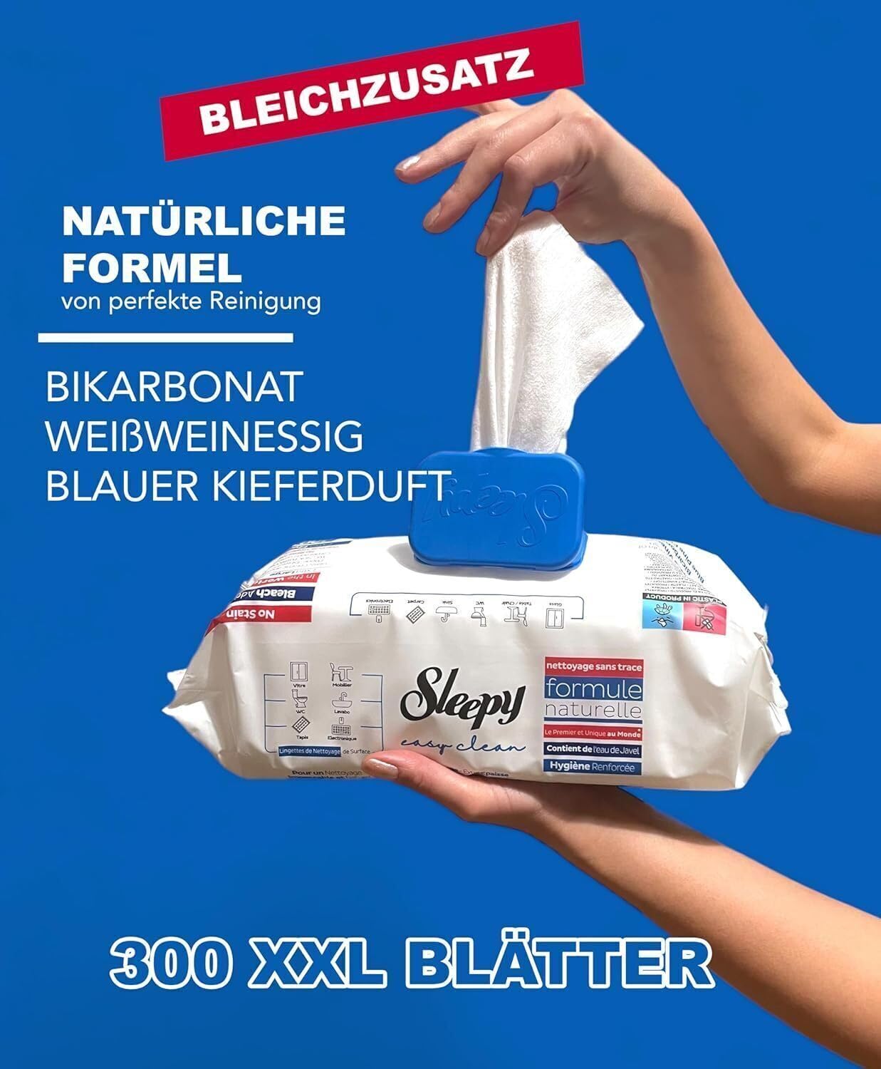 Clearfee Sleepy Lot de 6 lingettes humides de nettoyage de surface, 100 feuilles XXL, jetables, puissantes, avec additif blanchissant