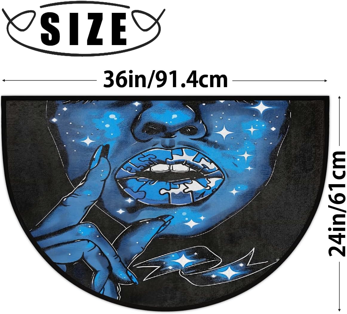 Half Round Door Mat Blue Lips Abstract Half Moon Rug Washable Half Circle Area Rugs Indoor Entrance Non Slip Semi Circle Bathroom Rugs Floor Carpet for Kithen Bedroom Fireplace Decor
