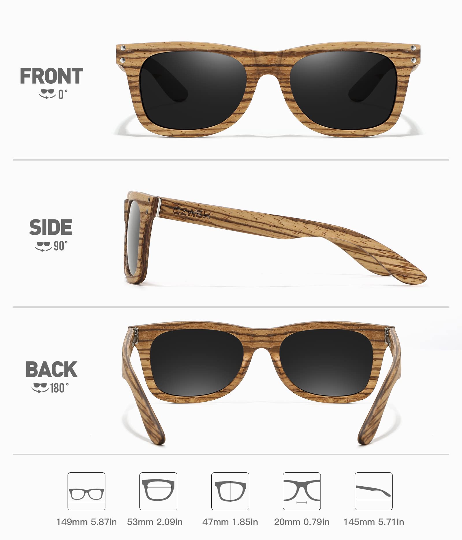GZWSX Wood sunglasses Frame and Blue Lens | Polarized Wooden Layer Zebra Wood For Men and Women | 100% UVA/UVB Ray Protection (S8712-Black)