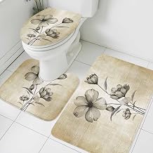 Brown Tan Tulip Buds Bathroom Rugs Mat Sets 3 Piece, Botanical Floral Rustic Retro Farm Beige Flower Absorbent Bathroom Mat Set with Non-Slip Rug, Toilet Lid Cover and Bath Floor Carpet Large Size