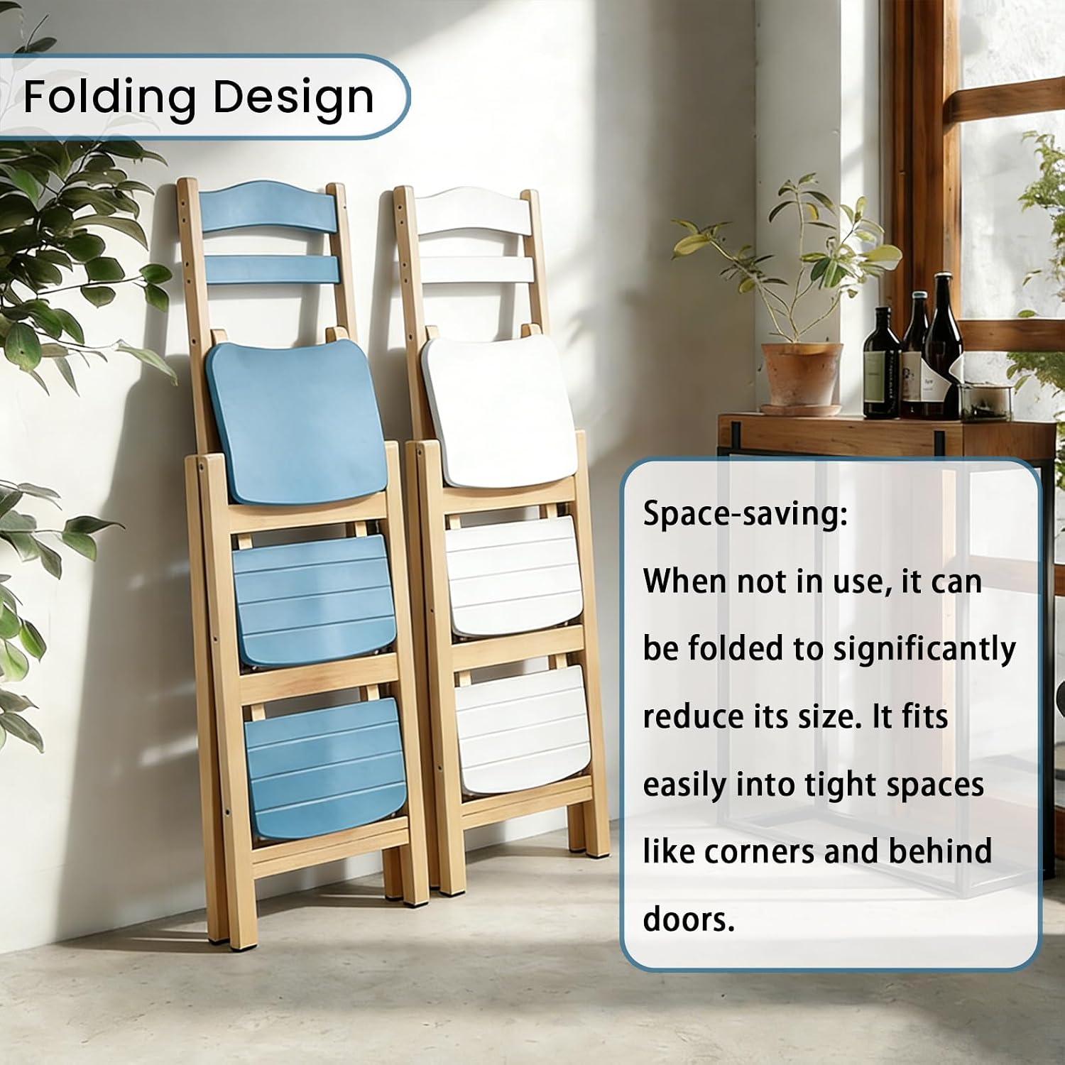Wooden Folding Step Stool Chair, Solid Pine Wood 3-Step Ladder Stool with Seat, Multi-Purpose Step Chair for Kitchen, Home, Pantry or Bar Use(Wooden)