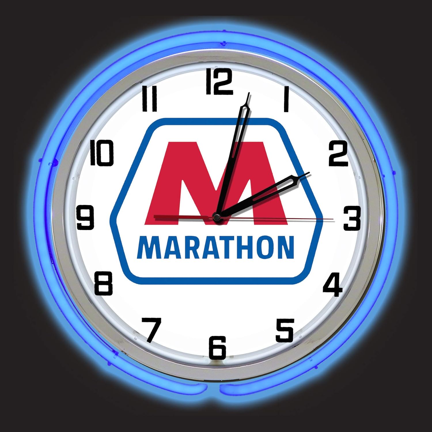 19" Marathon Oil Sign Double Neon Clock, Two Neon Tubes, Blue Outside Tube