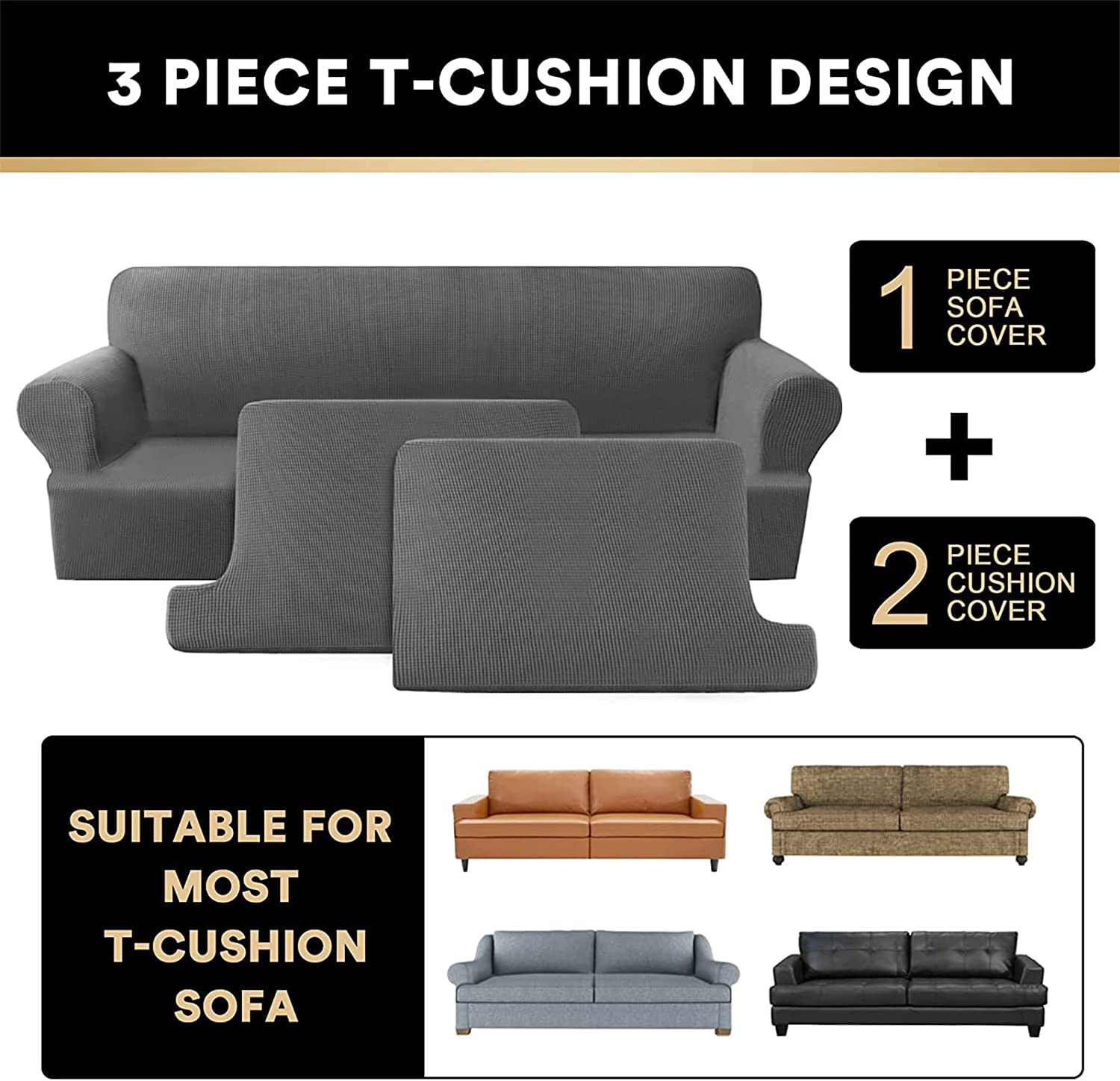 Copridivano Elasticizzato con 2 Fodere per Cuscino del Sedile a T Individuali, Fodere per Divani in Morbido Poliestere Sofa Cover Antiscivolo Protezione per Mobili per Soggiorno