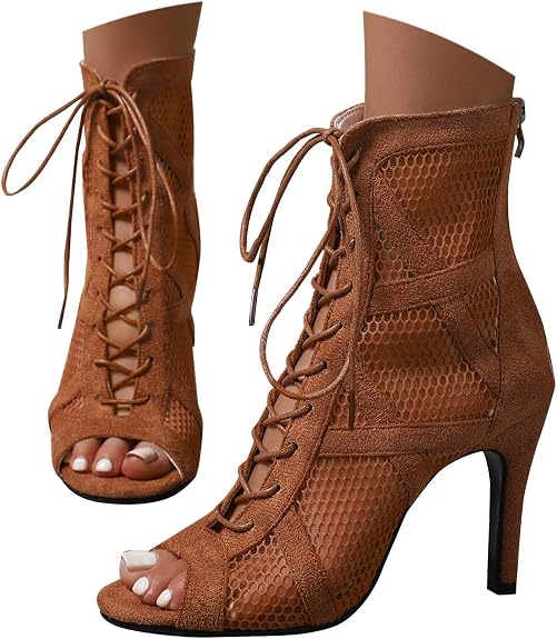 Chaussures De Danse Femme – Talon 7 Cm, Mesh Noir, Semelle Daim, Lacets, Bouche De Poisson, Pour Salon Ou Soirée