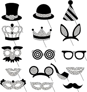 16PCS Birthday Party Photo Props Silver Photo Booth Props And Signs Prom Photobooth Party Props Moustache Glasses Hats Crowns Photo Props Birthday Selfie Props For Adult Kid Wedding Engagement（Silver）