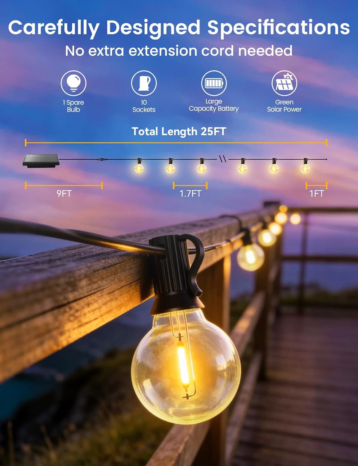 Brightever 25FT Solar String Lights Outdoor Waterproof, G40 Solar Lights with Remote and 10+1 LED Shatterproof Globe Bulbs, Dimmable&3 Lighting Modes, Solar Power Patio Lights for Balcony Garden Porch