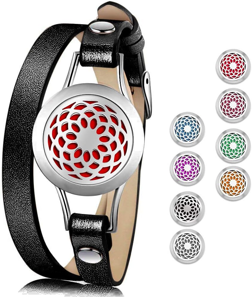 Essential Oil Diffuser Bracelet Stainless Steel Aromatherapy Locket Bracelets Leather Band with 8 Color Pads,Birthday Gift for Women Girls