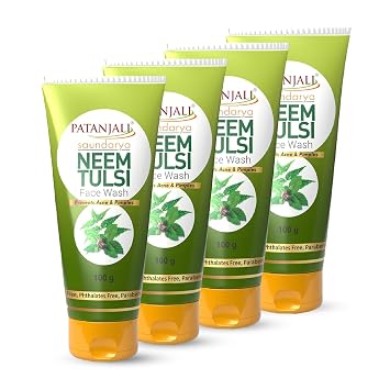 Patanjali Saundarya Neem Tulsi Face Wash, for Clean and Fresh Skin with Natural Ingredients for Daily Use 100g (Pack of 4)
