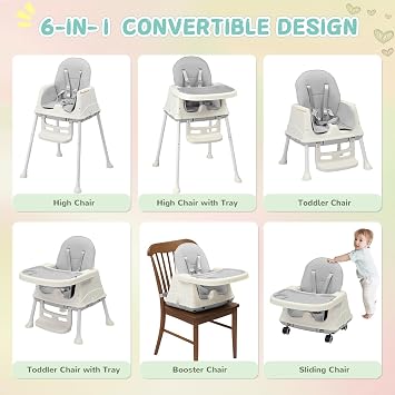 Ktaxon 6-in-1 Baby High Chair, Portable Convertible Highchair, Grey