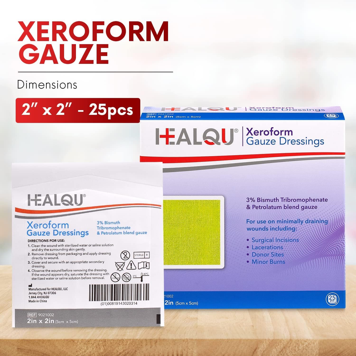 Healqu Medyczny opatrunek Xeroform z wazeliny, 2 x 2-25 sztuk, nieprzylegająca podkładka z gazy do nisko wysiękowych ran, drobna siatkowa łatka z gazy, sterylna do pielęgnacji ran, oparzeń i
