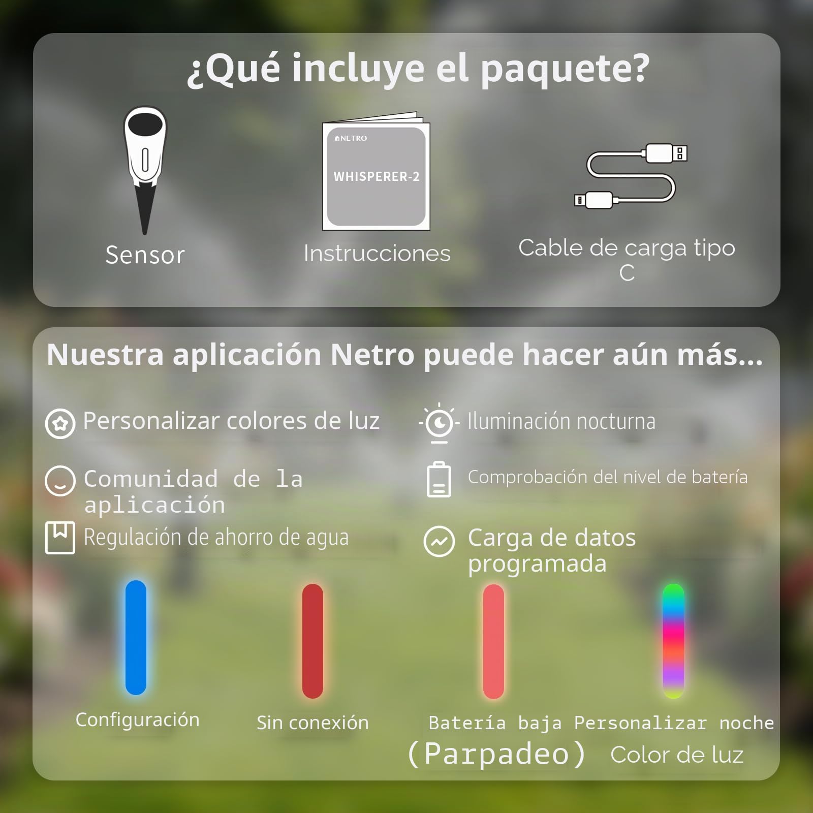Netro Whisperer Sensor inteligente de planta de 2ª generación, basado en aplicaciones, conectado a WiFi, funciona con energía solar para uso en exteriores