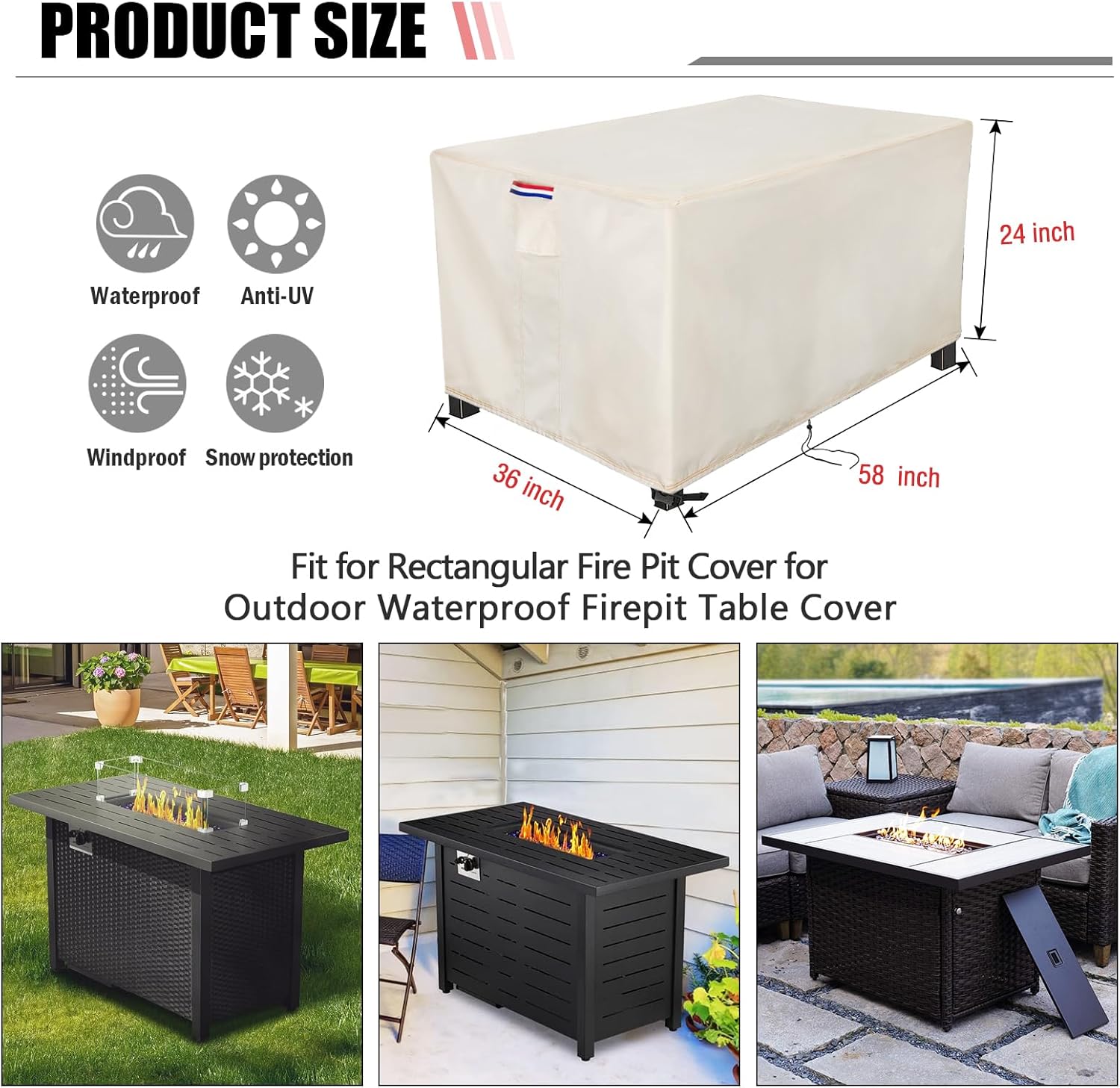 Fire Pit Cover Rectangular 58 Inch - Waterproof Outdoor Fire Table Cover Rectangle Heavy Duty, 600D Patio Propane Gas Firepit Cover Rectangular Tear Weather Resistant - 58 x 36 x 24 Inch Beige