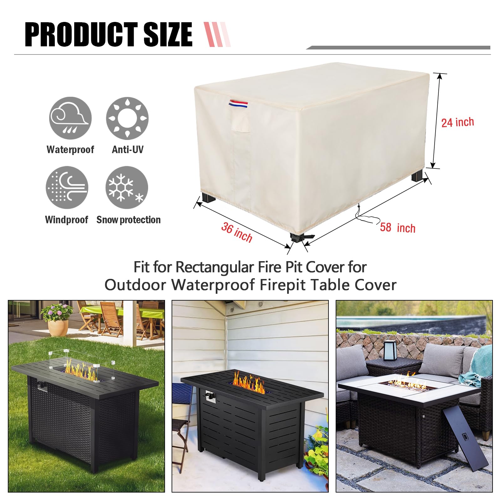 Youlvy Fire Pit Cover Rectangular Waterproof 600D, 58 x 36 x 24 Inch Beige
