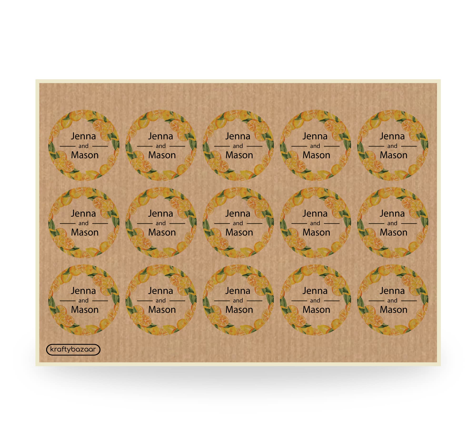 90 Kraft Brown Custom Lemon Wreath Wedding Paper Labels, 37mm Self-Adhesive Stickers, Multipack Stationery Party Decor Labels