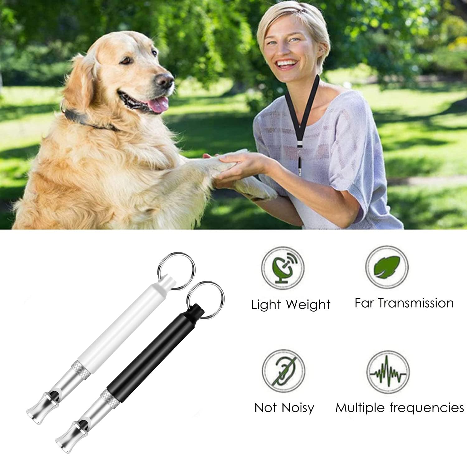 Sifflets pour Chien,2 Pièces Sifflet Ultrason Chien Anti Aboiement Haute Fréquence Sifflet Chien Rappel avec Lanière Réglable(Blanc,Noir)