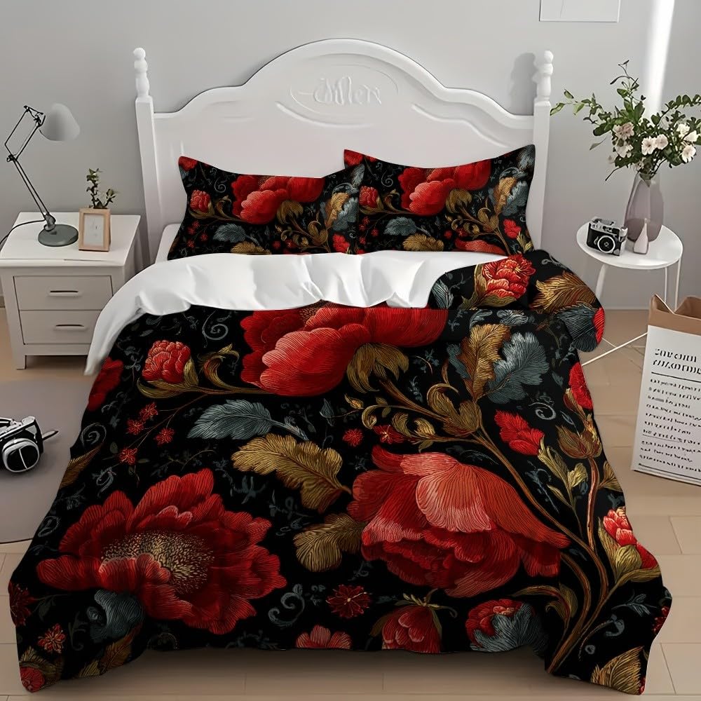 Pościel 240 x 220 cm, tradycyjna pościel w stylu vintage, 100% mikrofibra, nie wymaga prasowania, nie gniecie się, można prać w pralce, czerwona, dwustronna, z poszewką na poduszkę 80 x 80 cm