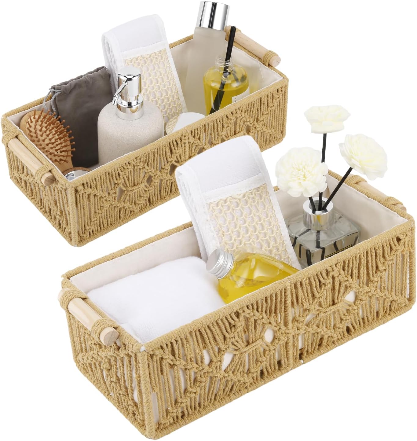 JOLINE Macrame Storage Baskets Boho Decor Box Handmade Woven Decorative Countertop Toilet Tank Shelf Cabinet Organizer for Bedroom Livingroom Home Set of 2 (Grey)