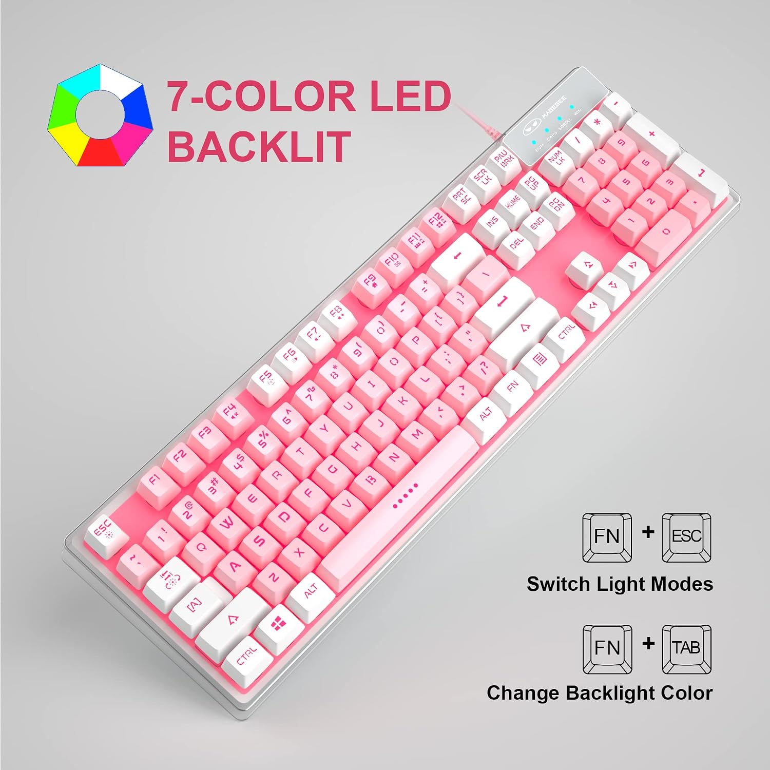 Gaming Keyboard and Mouse Combo, K1 7 Colors LED Backlit Keyboard with 104 Keys Computer PC Gaming Keyboard for PC/Laptop (White & Pink)