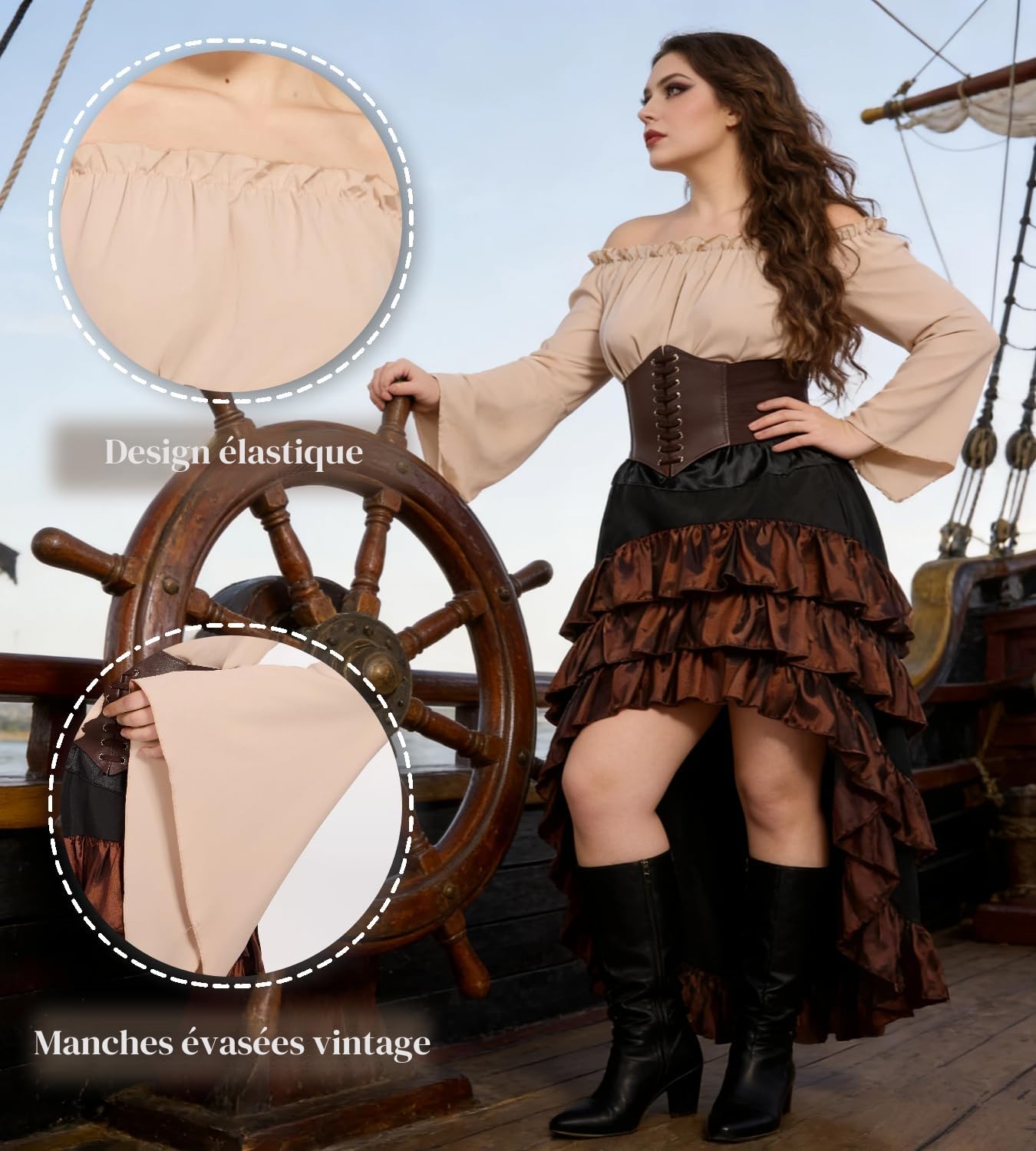 Lot de 3 costumes de pirate médiévale pour femme - Avec corset de pirate - Haut et jupe - Costume de carnaval pour Halloween, carnaval, cosplay