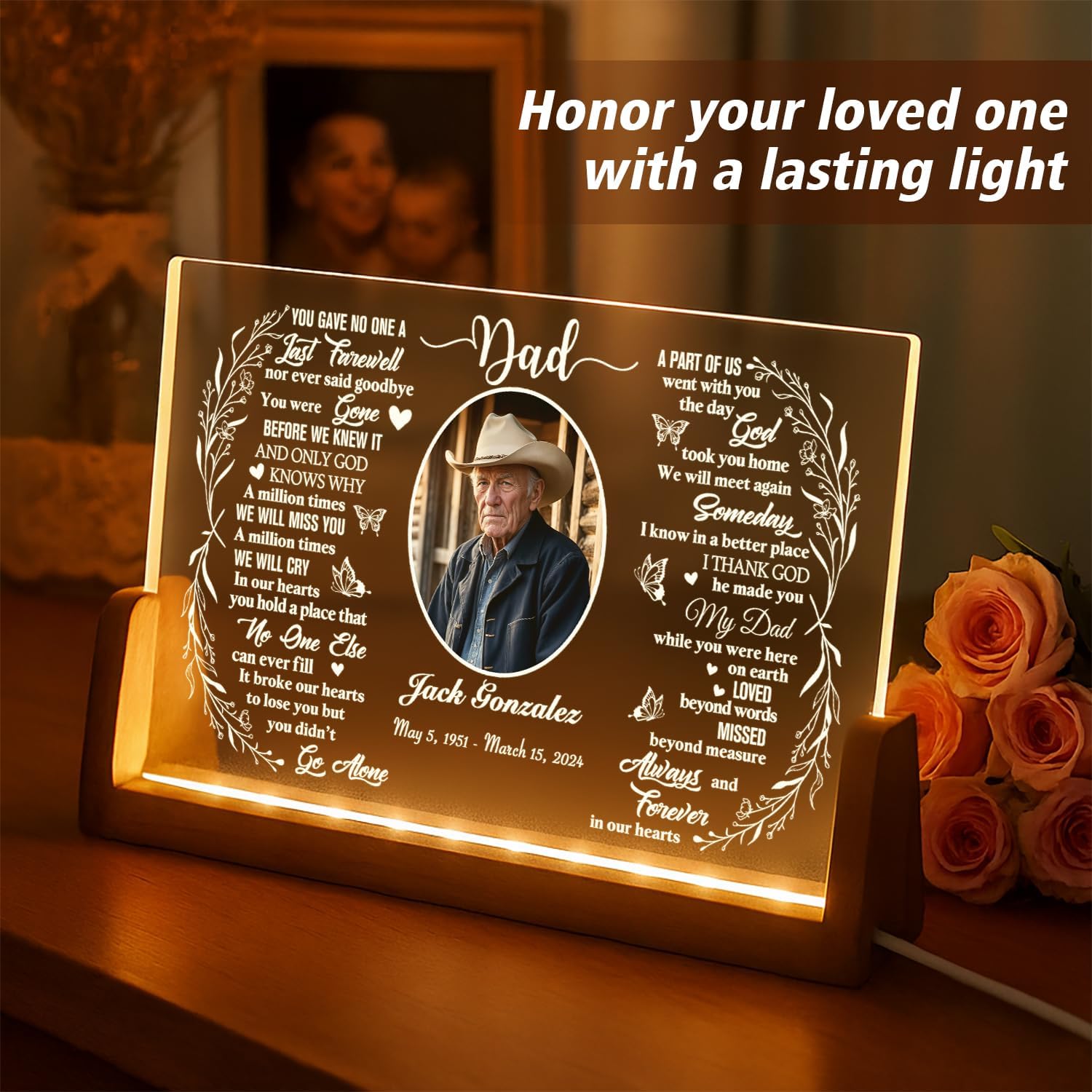 Personalized Memorial Light Plaque with Photo, Custom Sympathy Gift for Loss of Mom Dad Loved One, Bereavement Keepsake, Memorial Picture Frame with Poem Decorative Sign (Dad) image 2