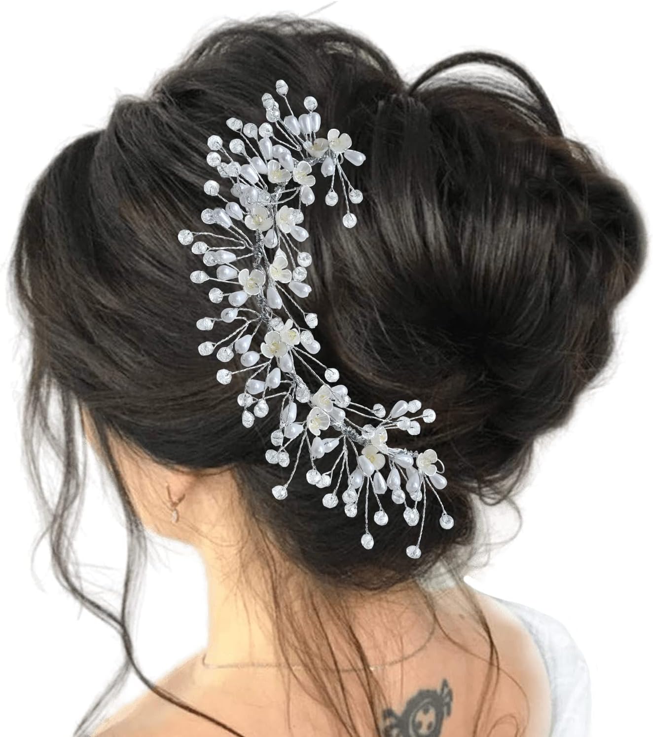 TEMPERIA Hair Accessories For Women's & Girls For Wedding - Artificial Flowers & Pearl Style Juda Bun Accessories - Floral Bridal Brooch & Hair Pins - Hairstyle Decoration Bride Clips, Silver White