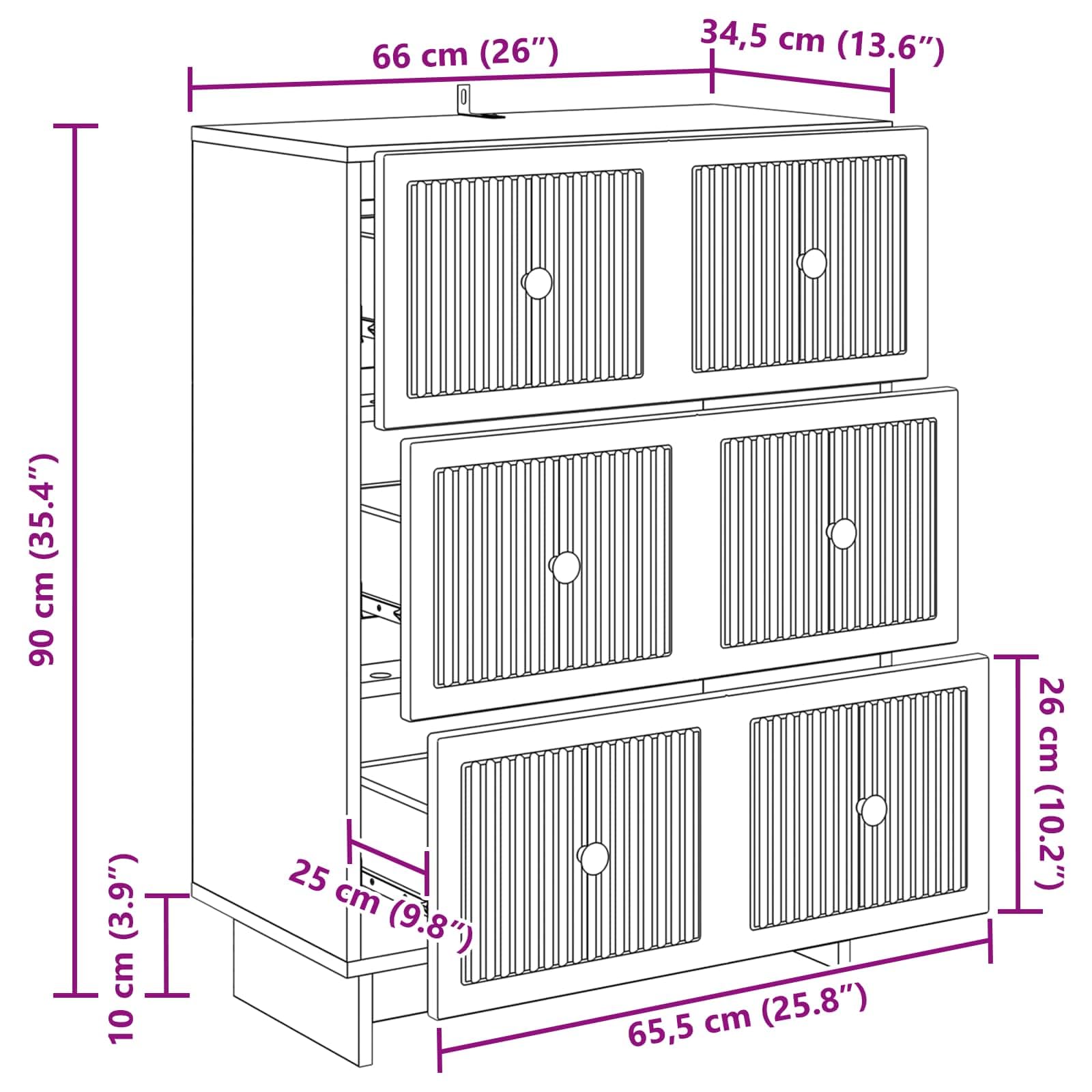 Cassettiera in legno anticato, 66 x 34,5 x 90 cm, 3 cassetti, per ufficio e soggiorno, per ordine e spazio