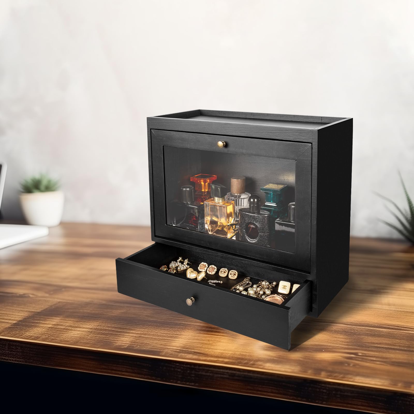 Organizador de Perfumes de Madera con Acrílico y Cajón, Almacena Perfumes Joyas Cosméticos para Hombres Mujeres, Dormitorio Baño Negro | Almacena Perfumes Joyas Cosméticos para Hombres Mujeres, Dormitorio Baño Negro