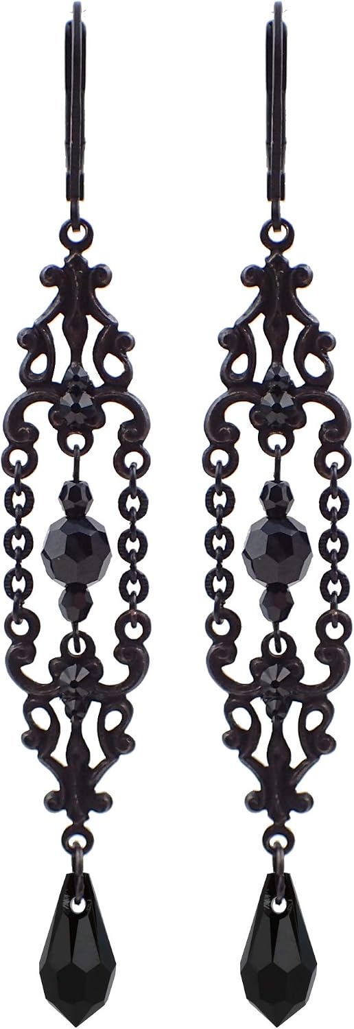 Gothic Victorian Extra Long Earrings with Crystal Beads and Black Brass