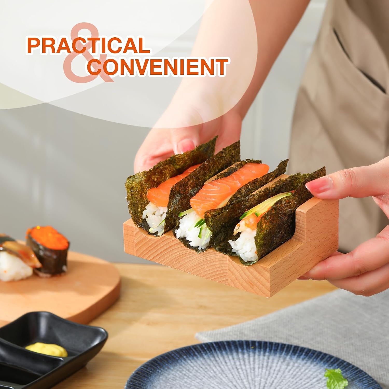Wooden Sushi Taco Holders New Sushi Hand Roll Holder Wood Temaki Sushi Holder Taco Display Stand Rack Sushi Taco Presentation Platter Restaurant Roll Boat Food Display