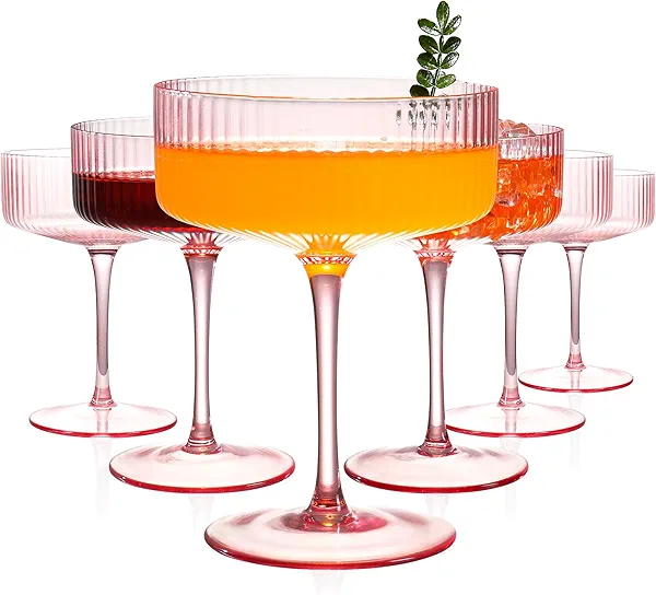 FERAHI 6 Pcs Ribbed Coupe Glasses, 10 oz Pink Martini Glasses Set, Cute Espresso Martini Glass & Champagne Coupe Glass, Elegant Bar Glassware for Cocktails, Wine, Outdoor Entertaining & Gifts