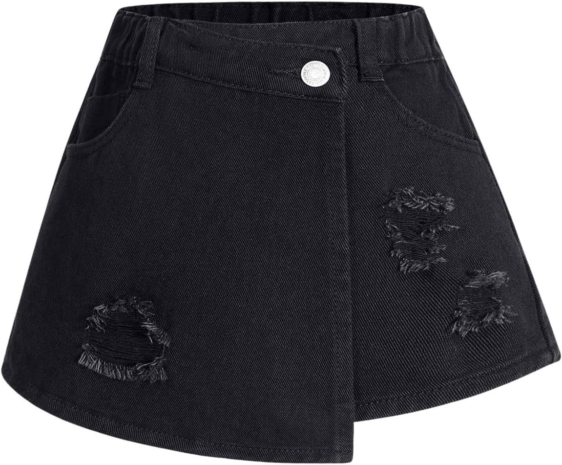 RoseSeek Girl's Button Elastic Waist Denim Skirts Casual Ripped Mini Shorts Asymmetric Wrap Skorts with Pocket