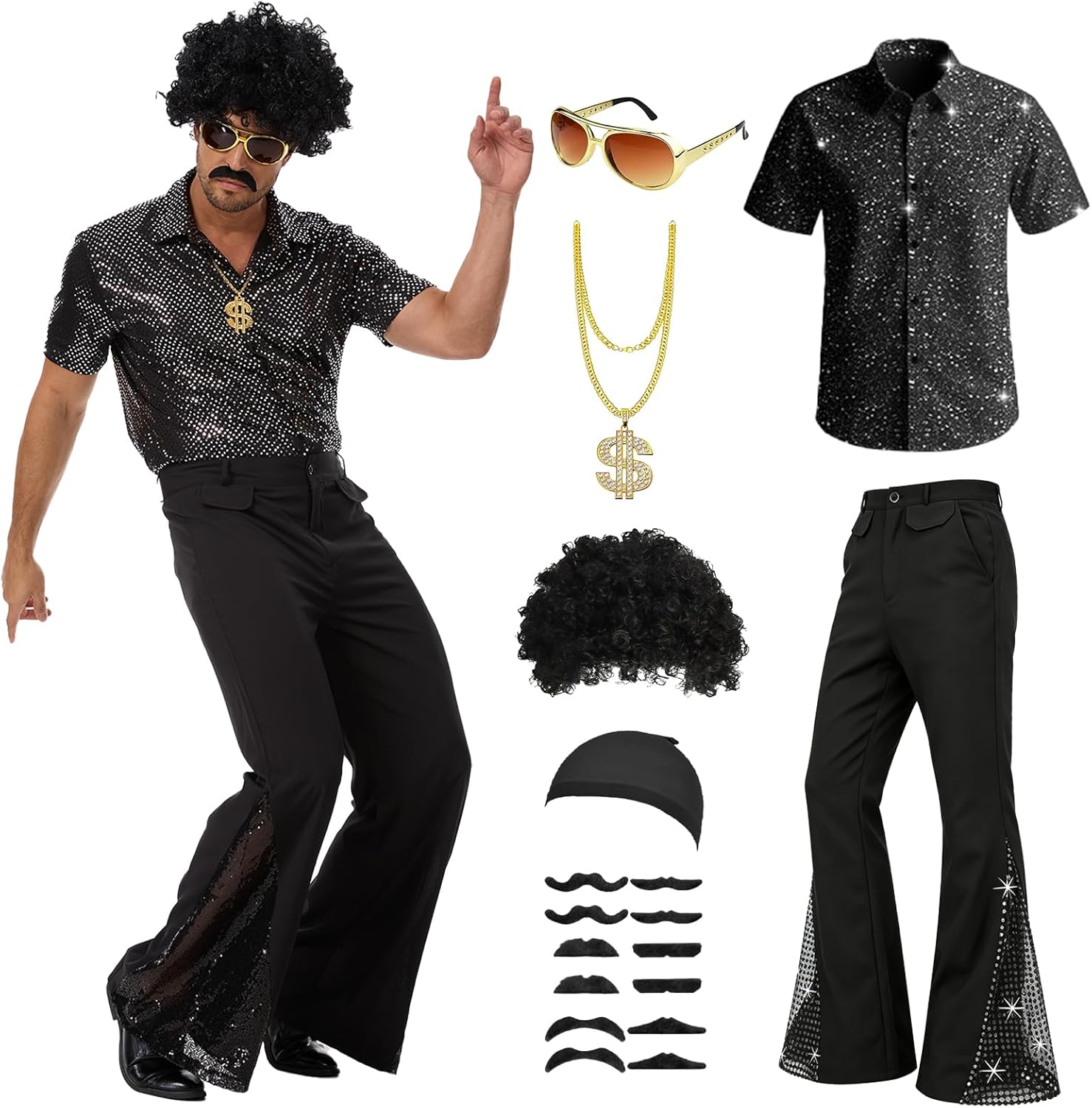 70s Outfits for Men Disco Costume 1970s Outfit with Short Sleeve Shirt Bell Bottom Pants for Retro Halloween Party