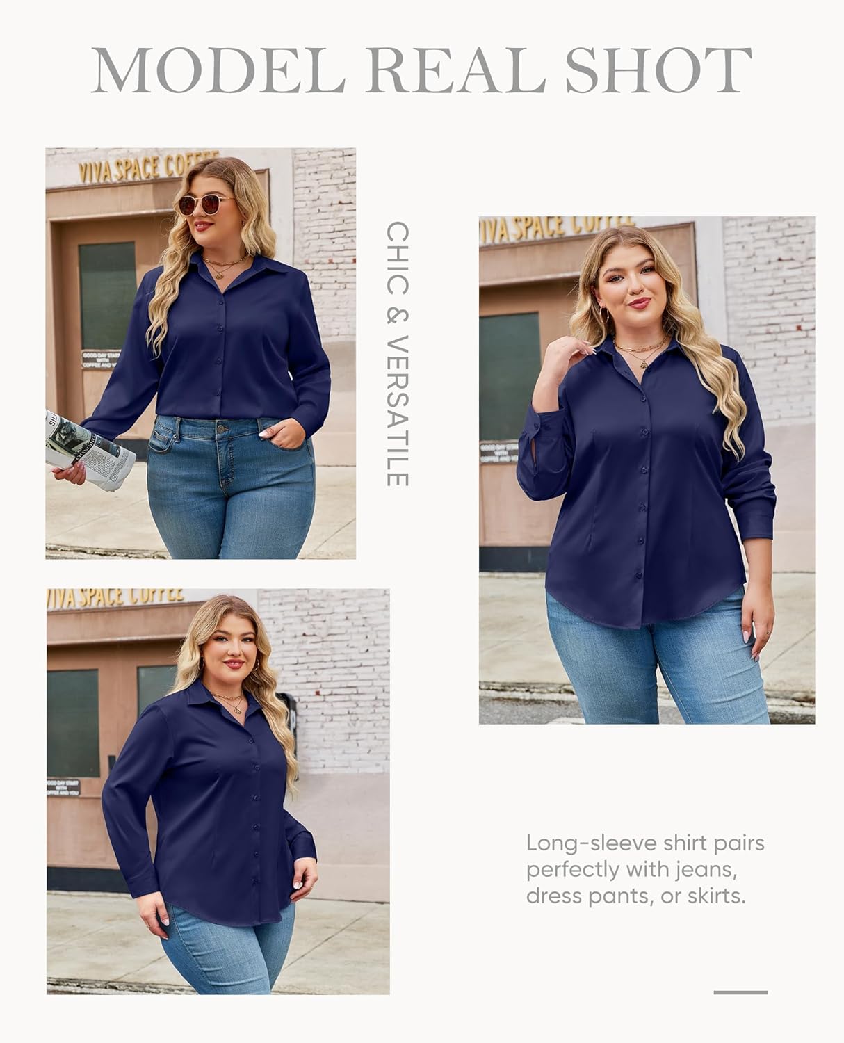 siliteelon Plus Size Button Down Shirts for Women Long Sleeve Dress Shirt Stretch Collared Shirt Work Office Blouse Top - Image 6