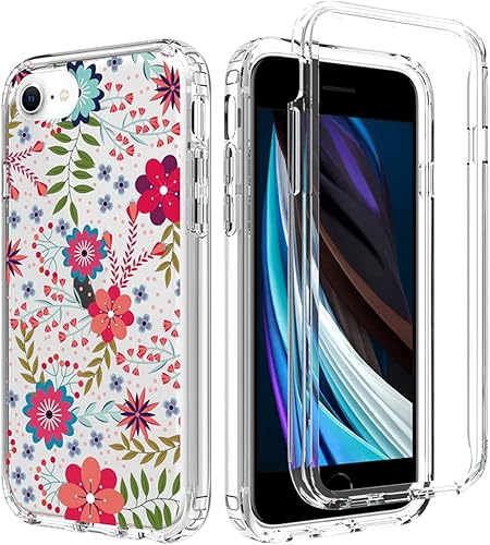 Funda para iPhone SE 2020, iPhone 7, iPhone 8 - Funda de cristal híbrido transparente - Estampado floral - Protección resistente, funda absorbente