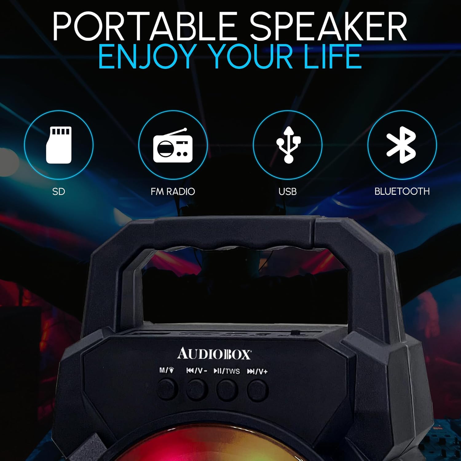 Audiobox ABX-30R speaker showing input ports for USB, AUX, and FM radio