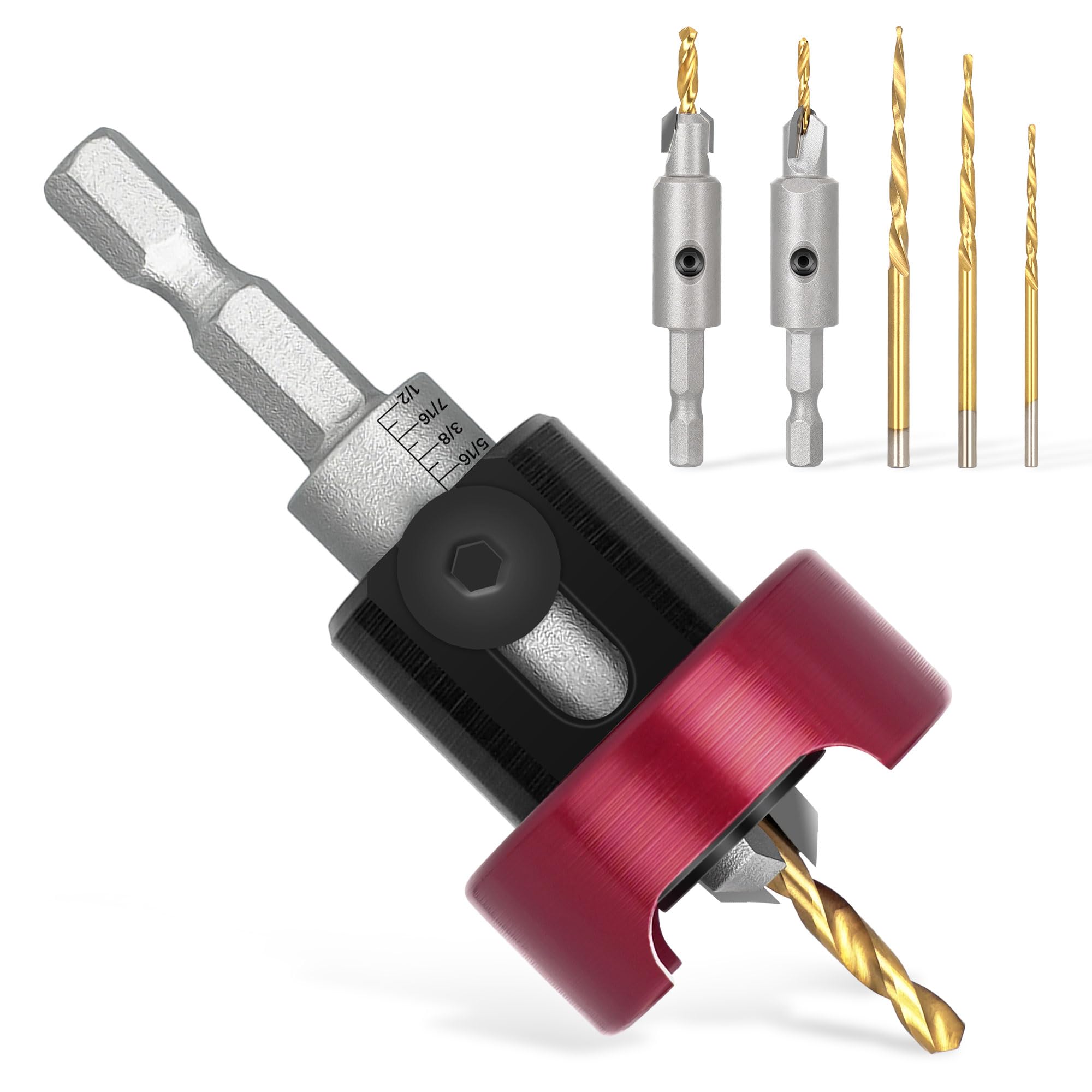 Photo 1 of KEENTECH 6-PC Carbide Tipped 82° Countersink Drill Bit Set with 3/32" & 1/8" & 5/32" Tapered and Non-Tapered Drill Bits, 3/8" Dia, 1/4" Hex Shank, Adjustable Depth Stop with Ball Bearing