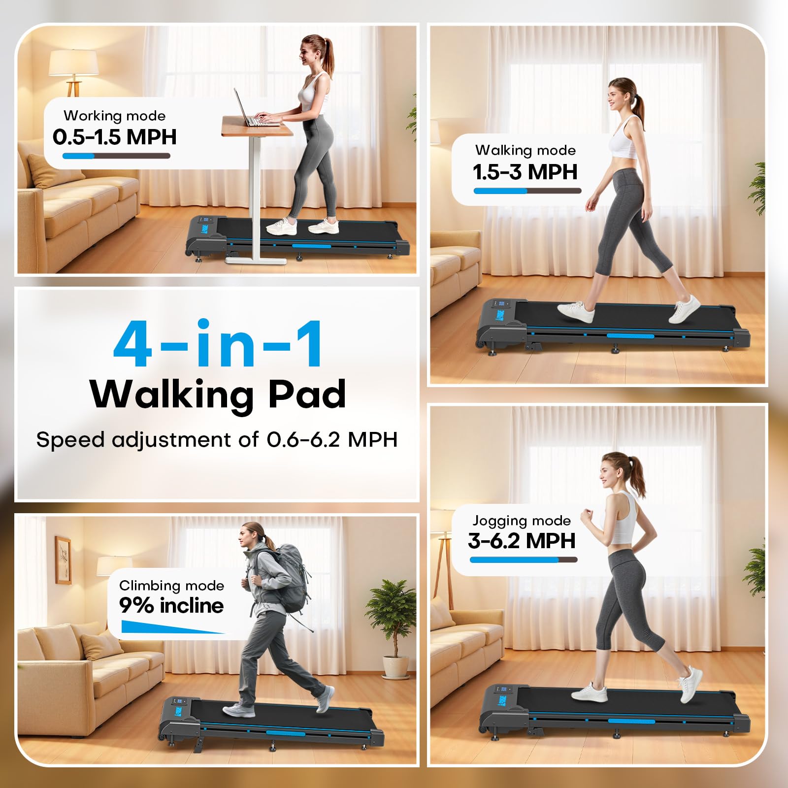 Walking Pad, 1-10 km/h Laufband für Zuhause mit 9% Steigung, 2.5HP Walking Machine mit LED-Anzeige, Fernbedienung, 12 Programes, Doppelter Stoßdämpfung Bis 150kg Belastbar